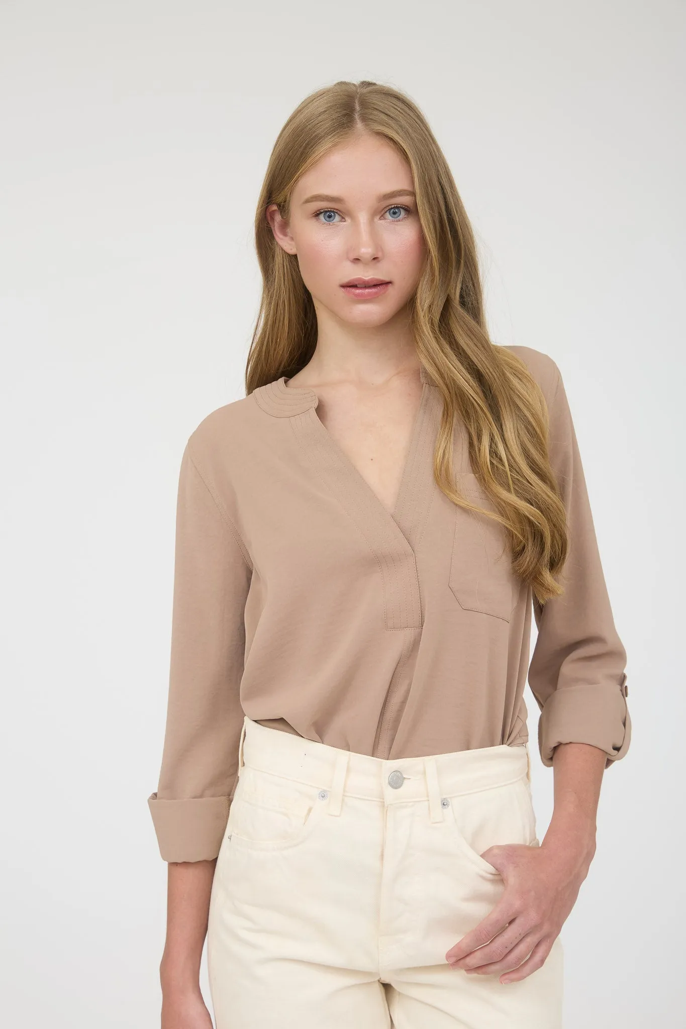 SPLIT NECK 3/4 TAB SLEEVE SOLID TOP sold by Blu Pepper product image thumbnail 5