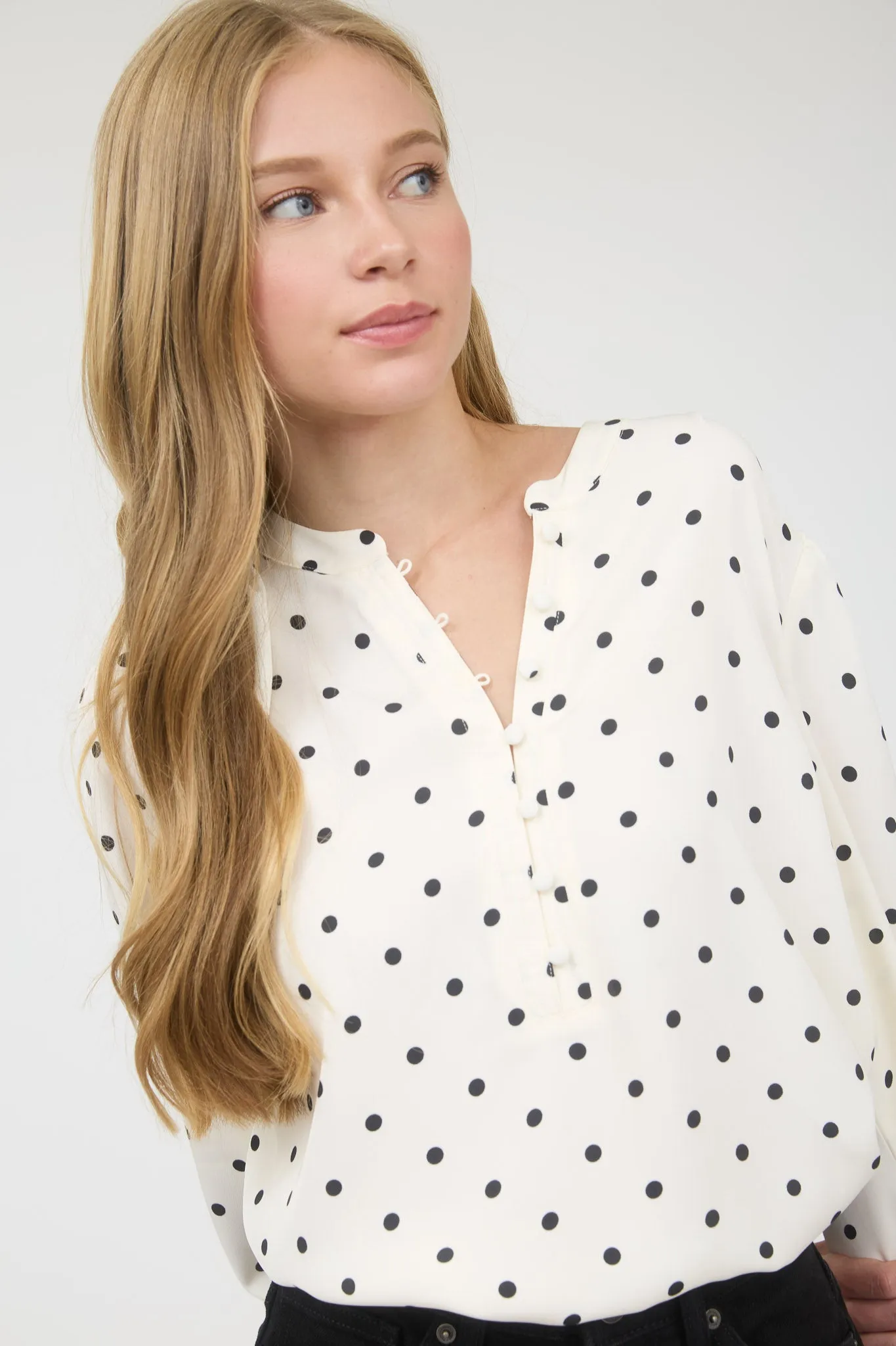 POLKA DOT HENLEY LONG SLEEVE BLOUSE sold by Blu Pepper