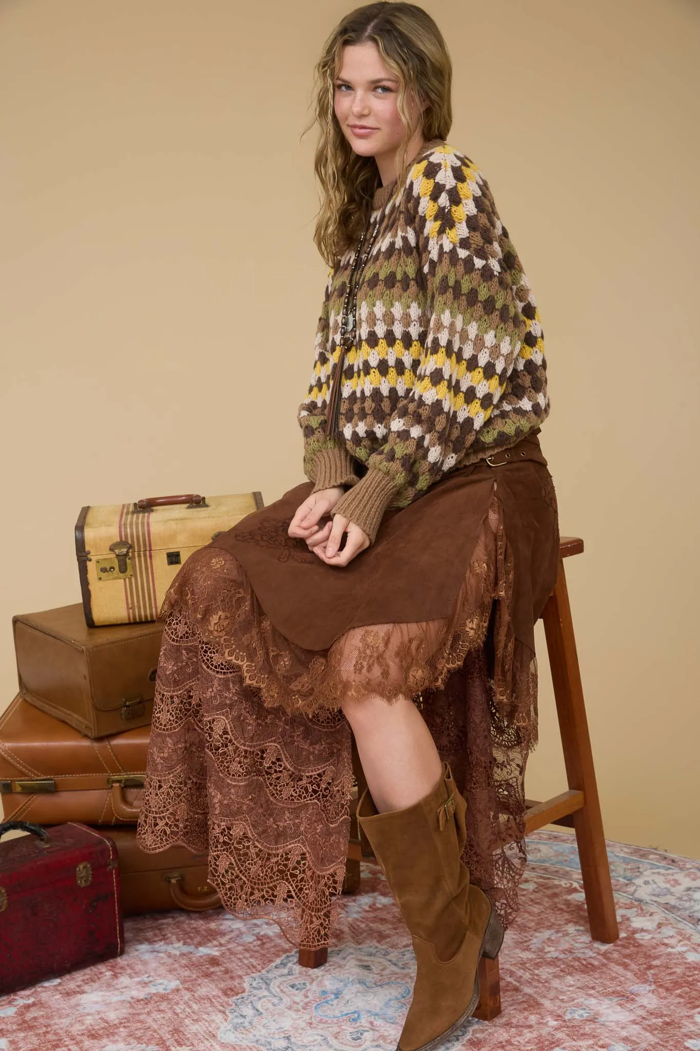 MULTICOLOR KNIT CREWNECK PULLOVER SWEATER sold by Blu Pepper