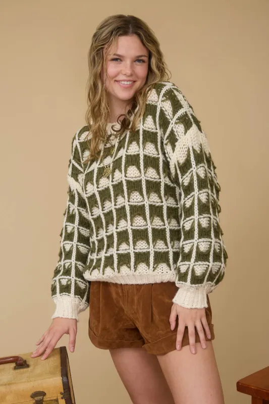 CONTRAST SQUARE KNIT CREWNECK SWEATER sold by Blu Pepper