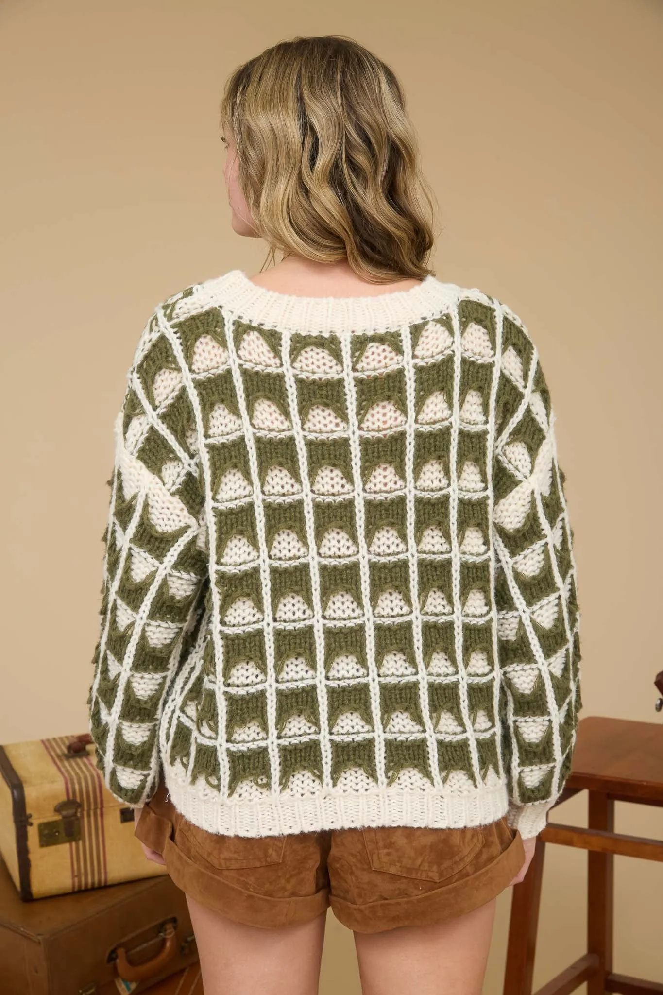 CONTRAST SQUARE KNIT CREWNECK SWEATER sold by Blu Pepper product image thumbnail 2