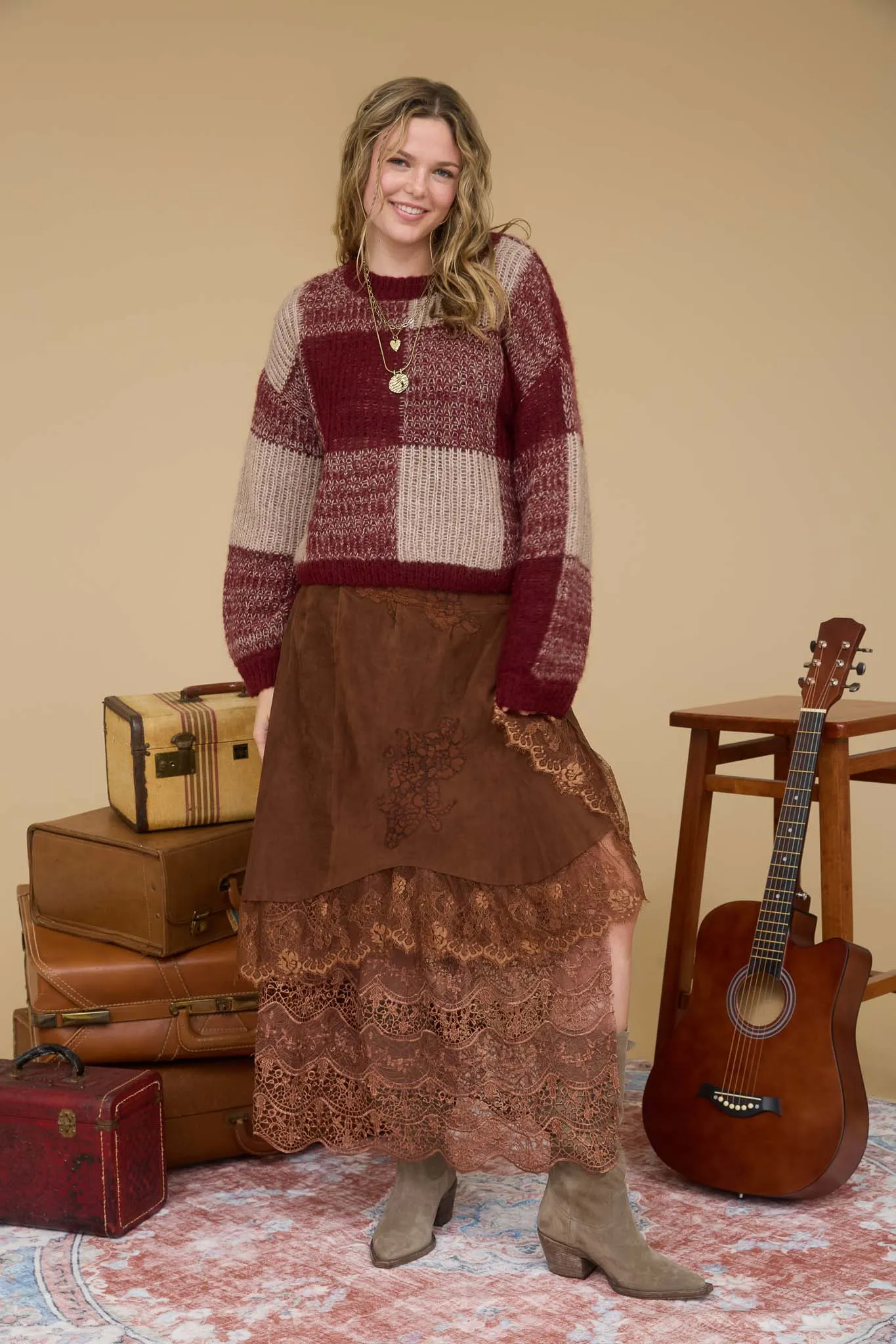 PLAID KNIT PATTERN CREWNECK PULLOVER SWEATER sold by Blu Pepper product image thumbnail 5