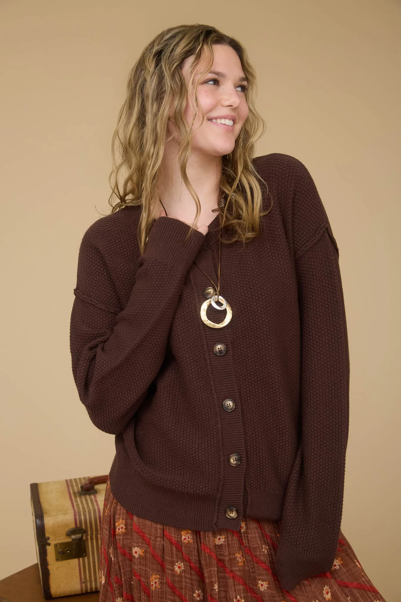EXPOSED SEAM BUTTON DOWN KNIT CARDIGAN sold by Blu Pepper product image thumbnail 5