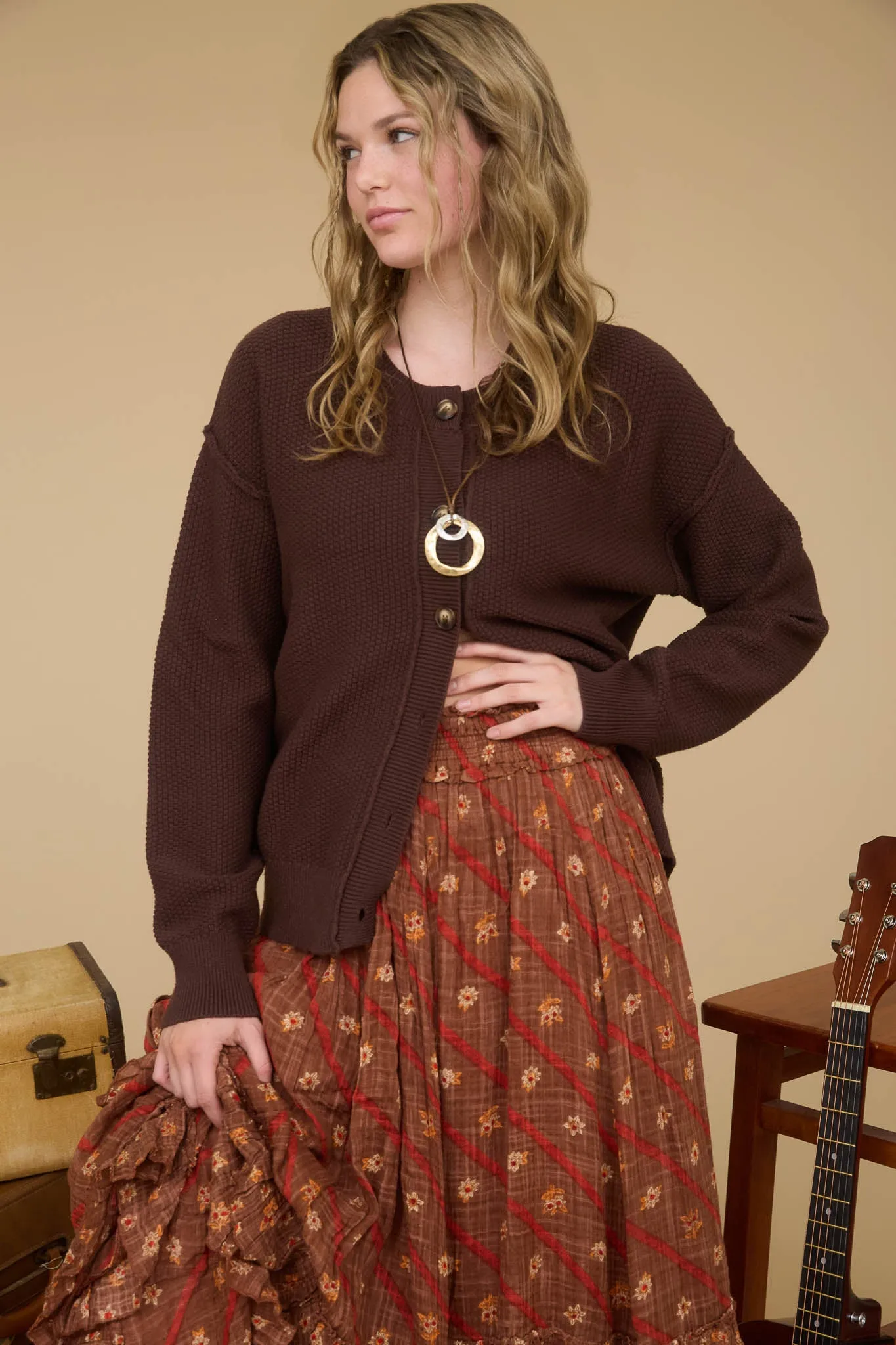 EXPOSED SEAM BUTTON DOWN KNIT CARDIGAN sold by Blu Pepper product image thumbnail 4