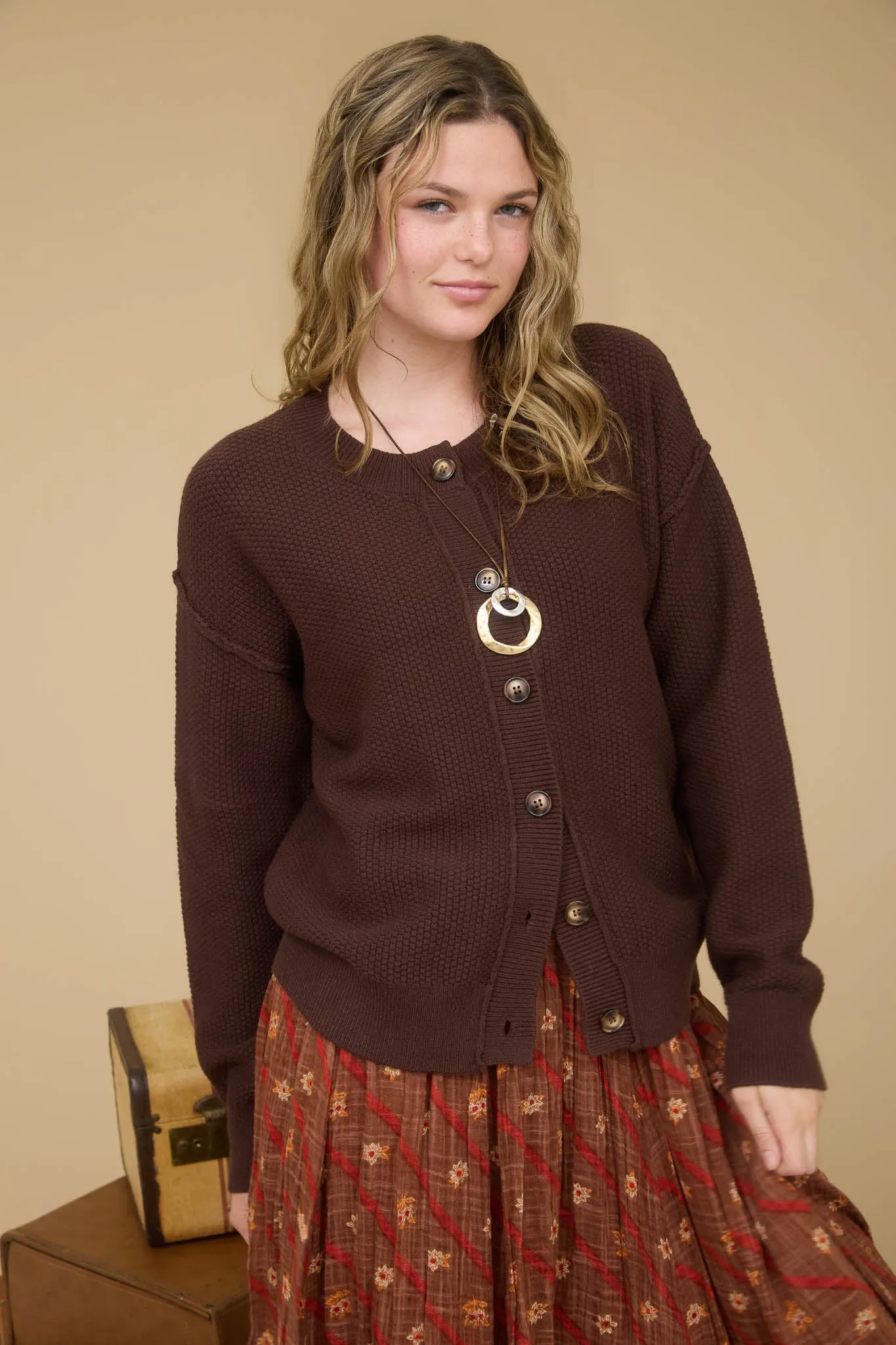 EXPOSED SEAM BUTTON DOWN KNIT CARDIGAN sold by Blu Pepper product image thumbnail 3