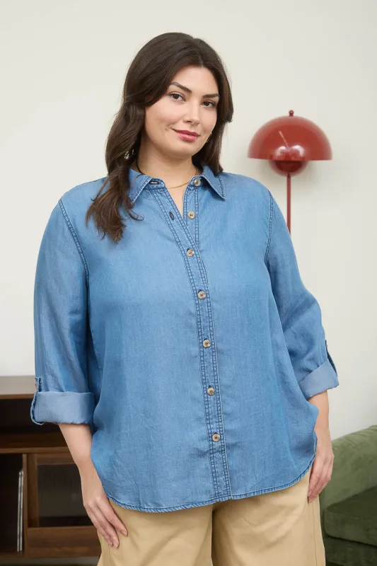 PLUS CHAMBRAY COLLARED 3/4 TAB SLEEVE SHIRT sold by Blu Pepper
