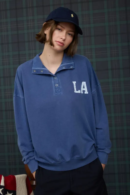 LA GRAPHIC SNAP BUTTON LONG SLEEVE KNIT TOP sold by Blu Pepper