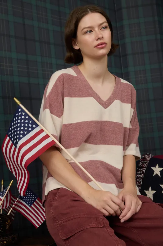 WASHED STRIPE SHORT SLEEVE KNIT TOP made by J.O.A.