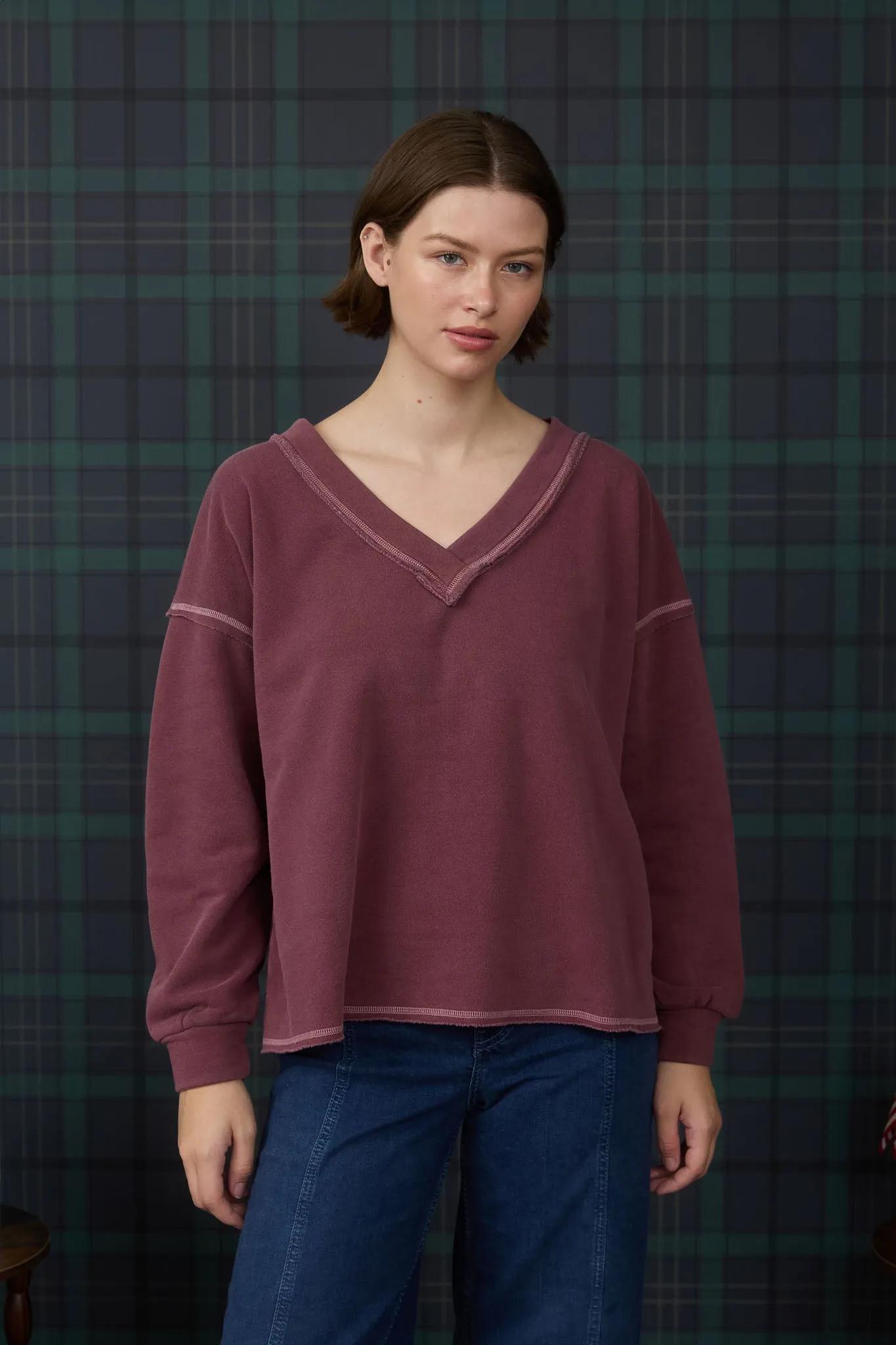 REVERSE STITCH V NECK LONG SLEEVE KNIT TOP sold by Blu Pepper product image thumbnail 4