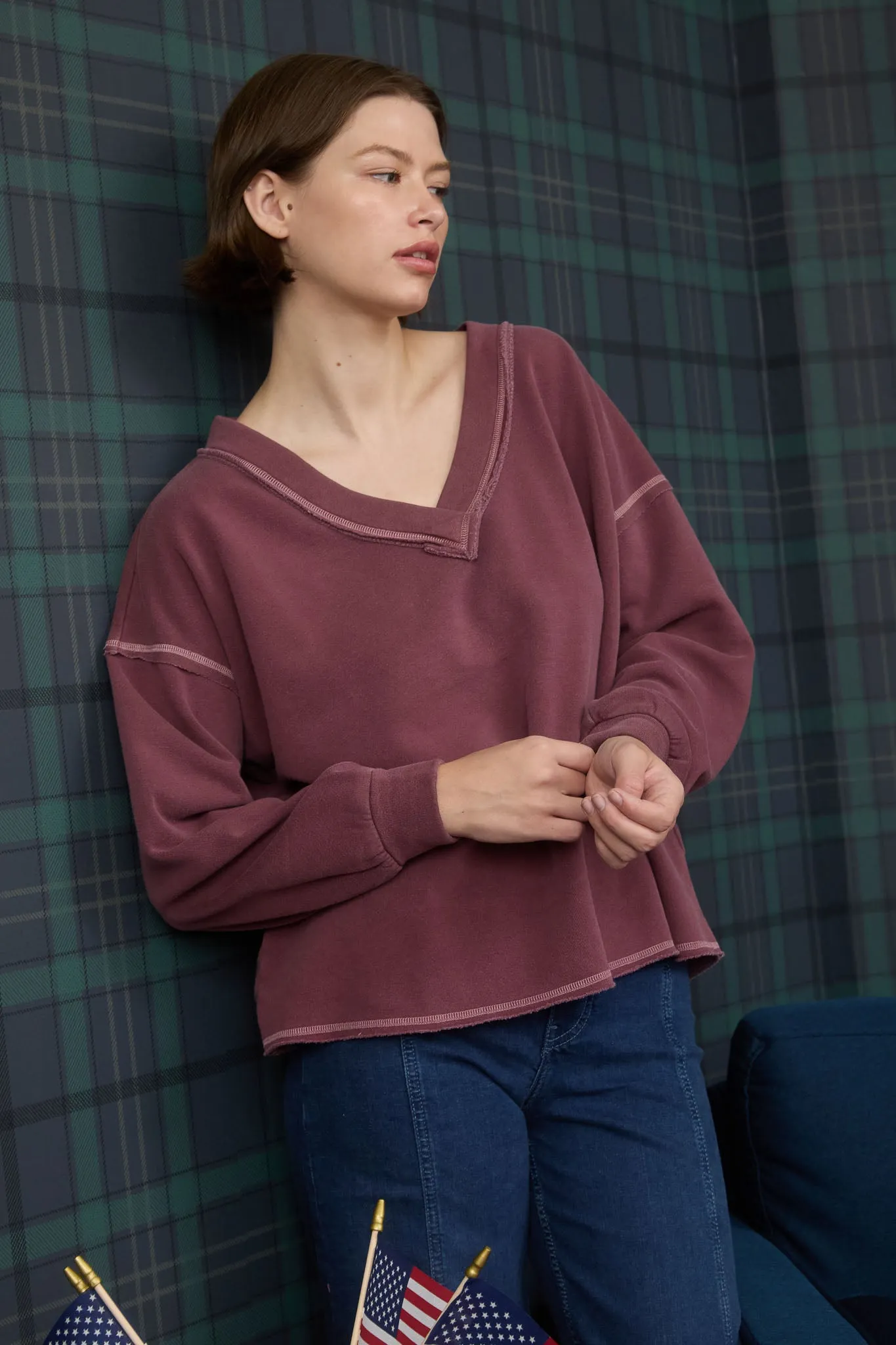 REVERSE STITCH V NECK LONG SLEEVE KNIT TOP sold by Blu Pepper