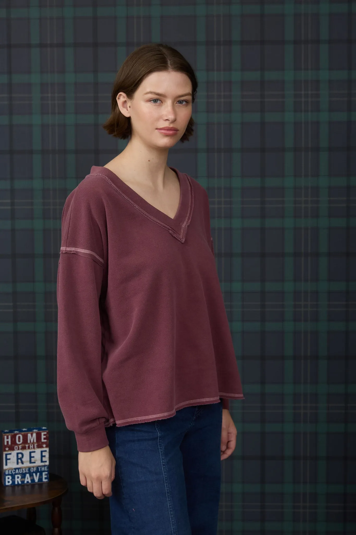 REVERSE STITCH V NECK LONG SLEEVE KNIT TOP sold by Blu Pepper product image thumbnail 3