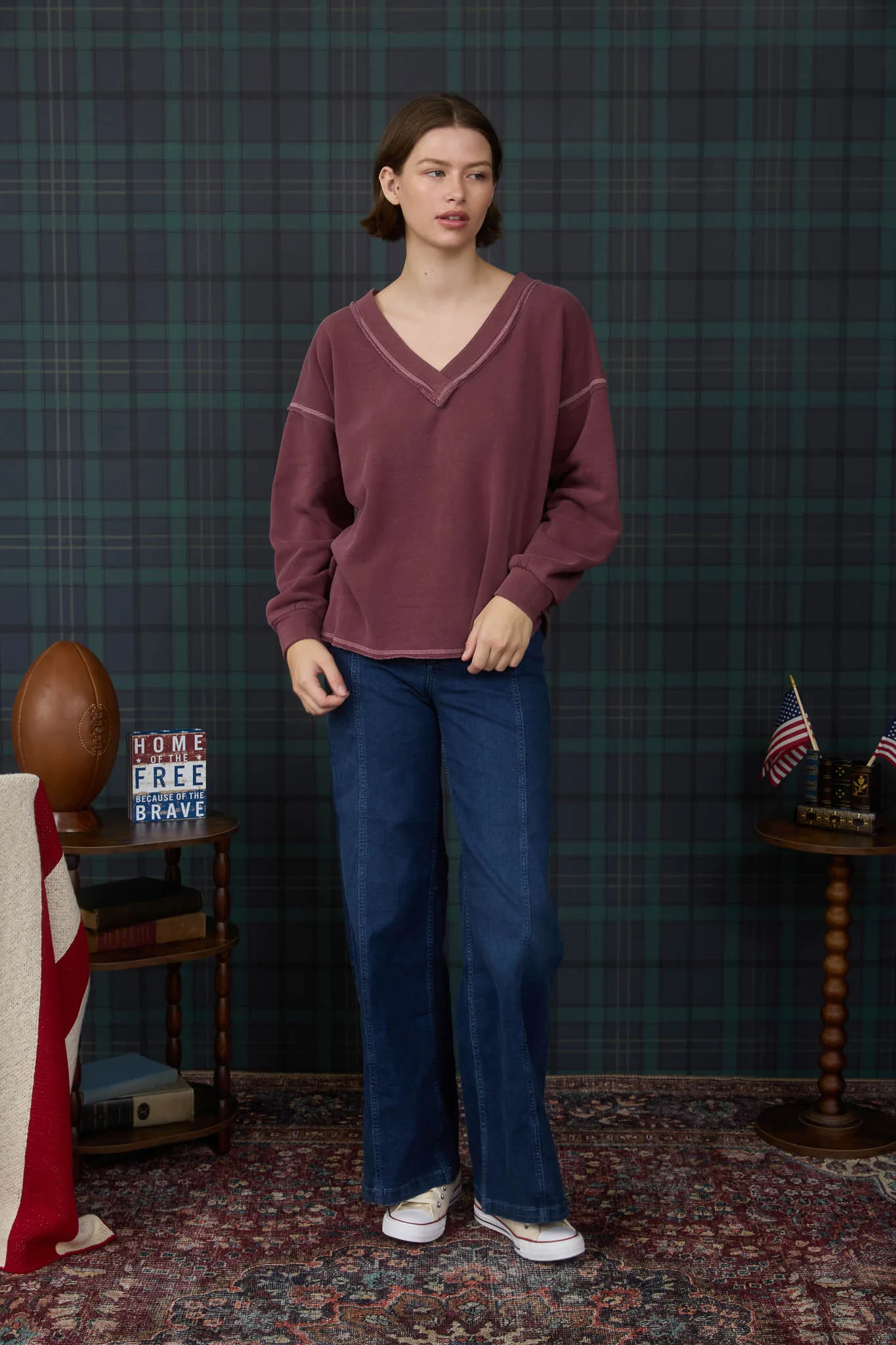 REVERSE STITCH V NECK LONG SLEEVE KNIT TOP sold by Blu Pepper product image thumbnail 5