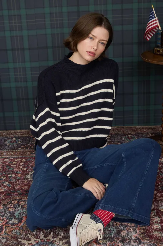 STRIPE MOCK NECK DROP SHOULDER KNIT SWEATER sold by Blu Pepper