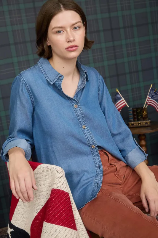 CHAMBRAY COLLARED 3/4 TAB SLEEVE BUTTON DOWN SHIRT sold by Blu Pepper