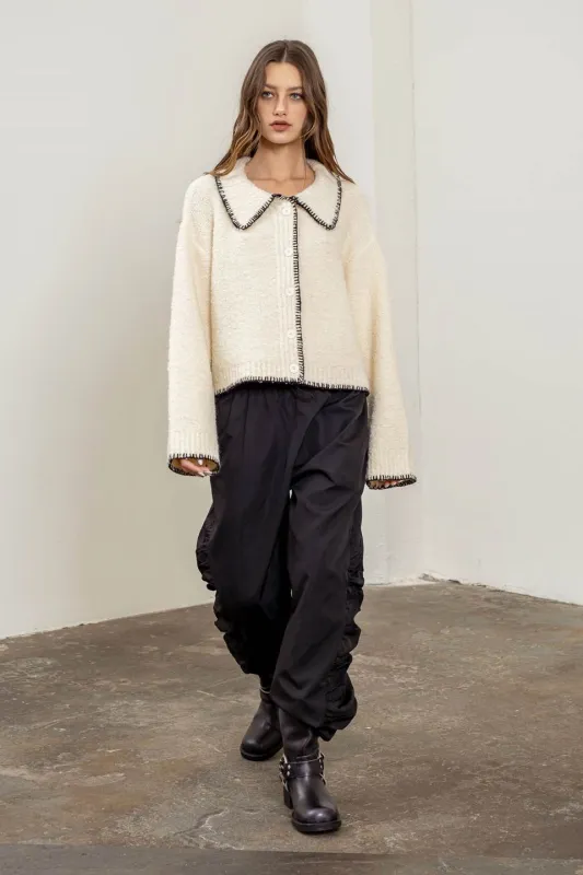 CONTRAST TRIM STITCH COLLARED CARDIGAN sold by Blu Pepper