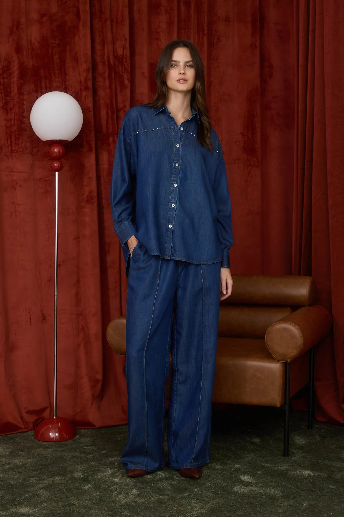 FRONT SEAM DETAIL DRAWSTRING DENIM PANTS (PRE-ORDER) sold by Blu Pepper product image thumbnail 5