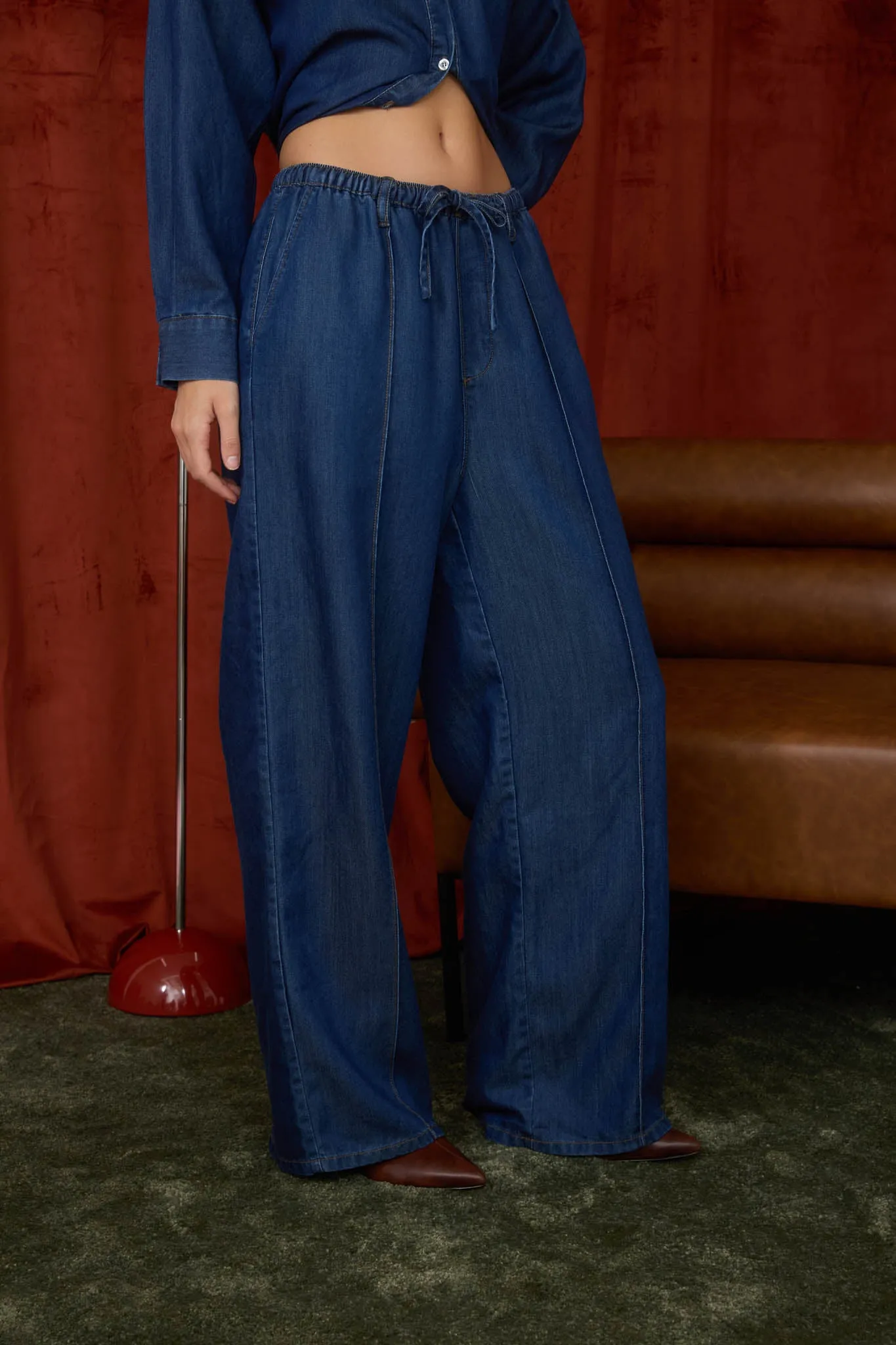 FRONT SEAM DETAIL DRAWSTRING DENIM PANTS (PRE-ORDER) sold by Blu Pepper product image thumbnail 3