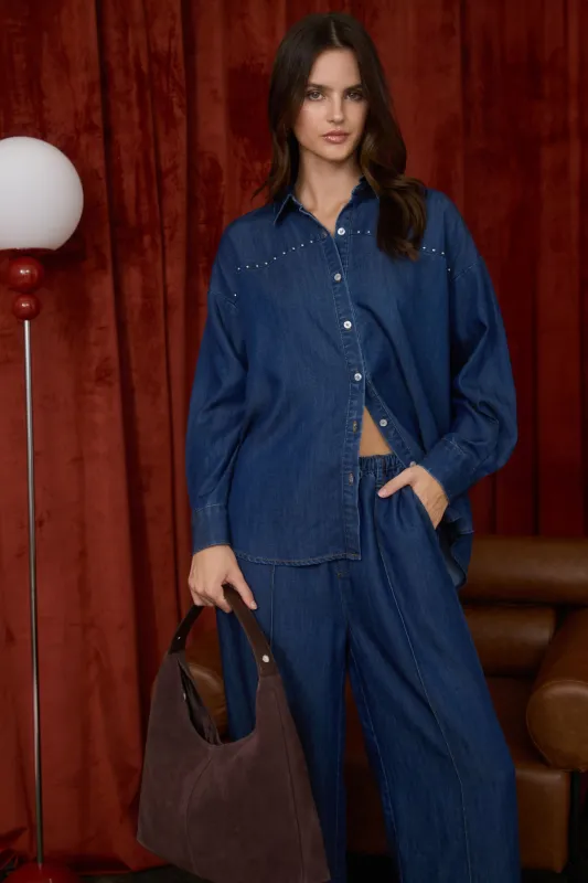 FRONT SEAM DETAIL DRAWSTRING  DENIM PANTS (PRE-ORDER) sold by Blu Pepper