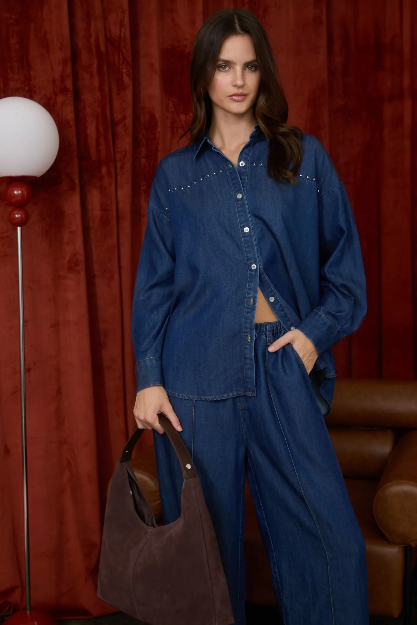 FRONT SEAM DETAIL DRAWSTRING DENIM PANTS (PRE-ORDER) sold by Blu Pepper