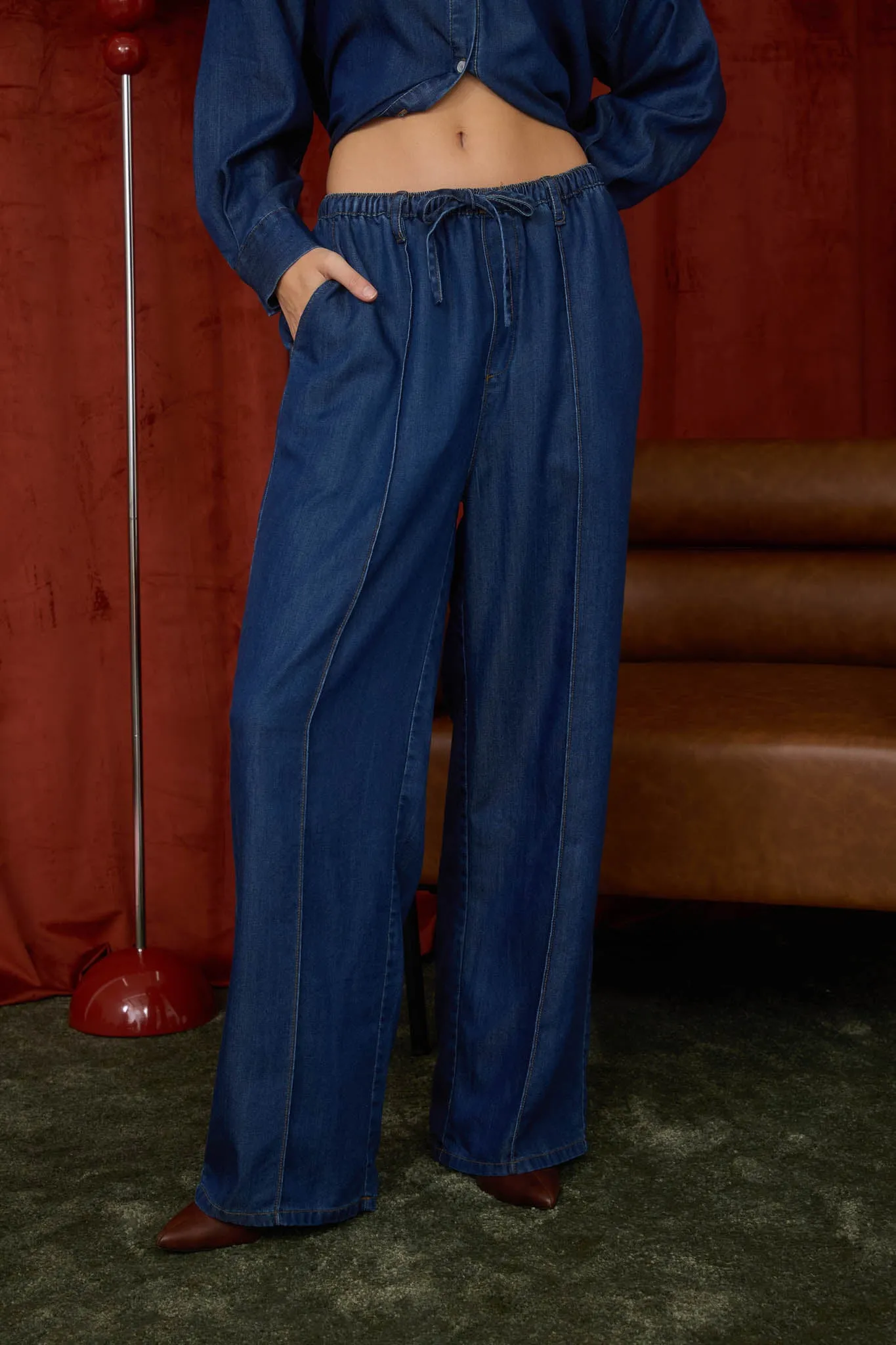 FRONT SEAM DETAIL DRAWSTRING DENIM PANTS (PRE-ORDER) sold by Blu Pepper product image thumbnail 4