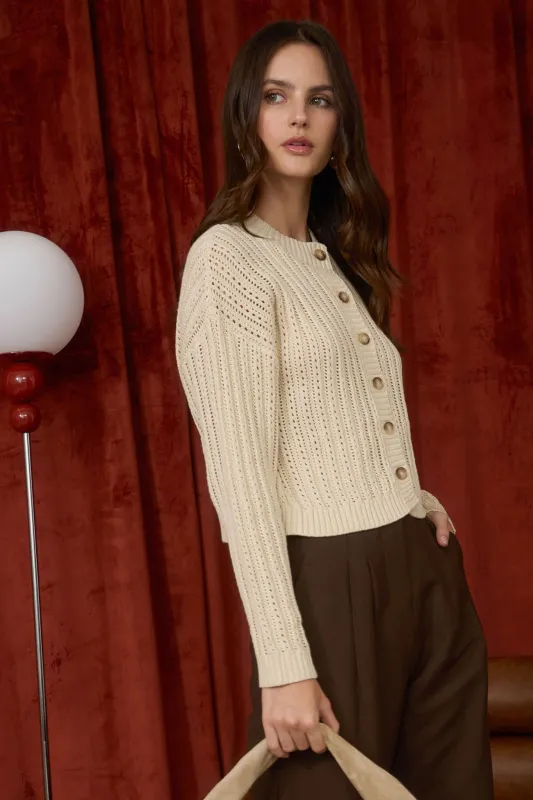 ROUND NECK BUTTON DOWN SHEER CABLE KNIT CARDIGAN sold by Blu Pepper