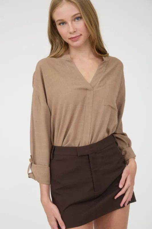 FRONT SEAM SPLIT NECK LONG SLEEVE TOP sold by Blu Pepper