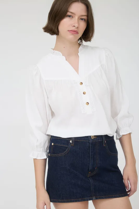 RUFFLE TRIM HALF BUTTON DOWN 3/4 SLEEVE BLOUSE sold by Blu Pepper
