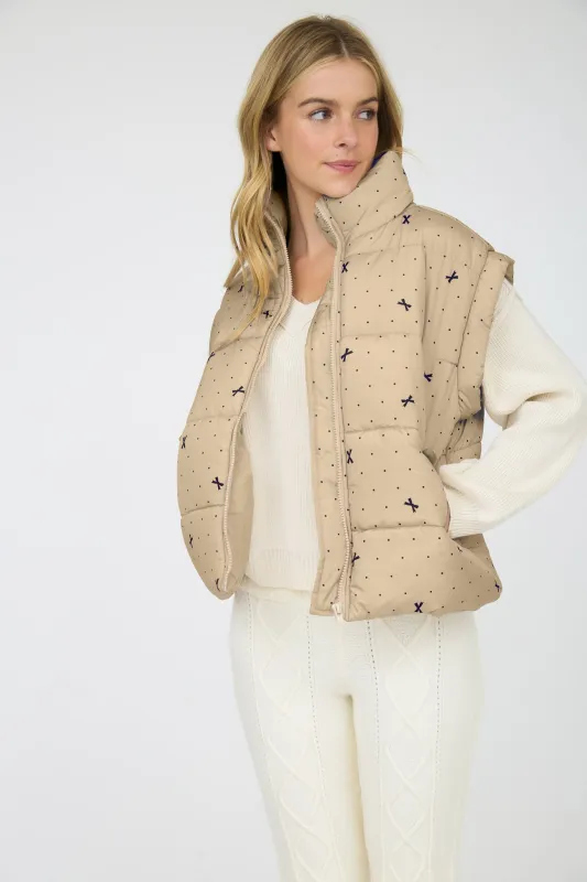 POLKA DOT BOW PATTERN ZIP-UP PUFFER VEST sold by Blu Pepper