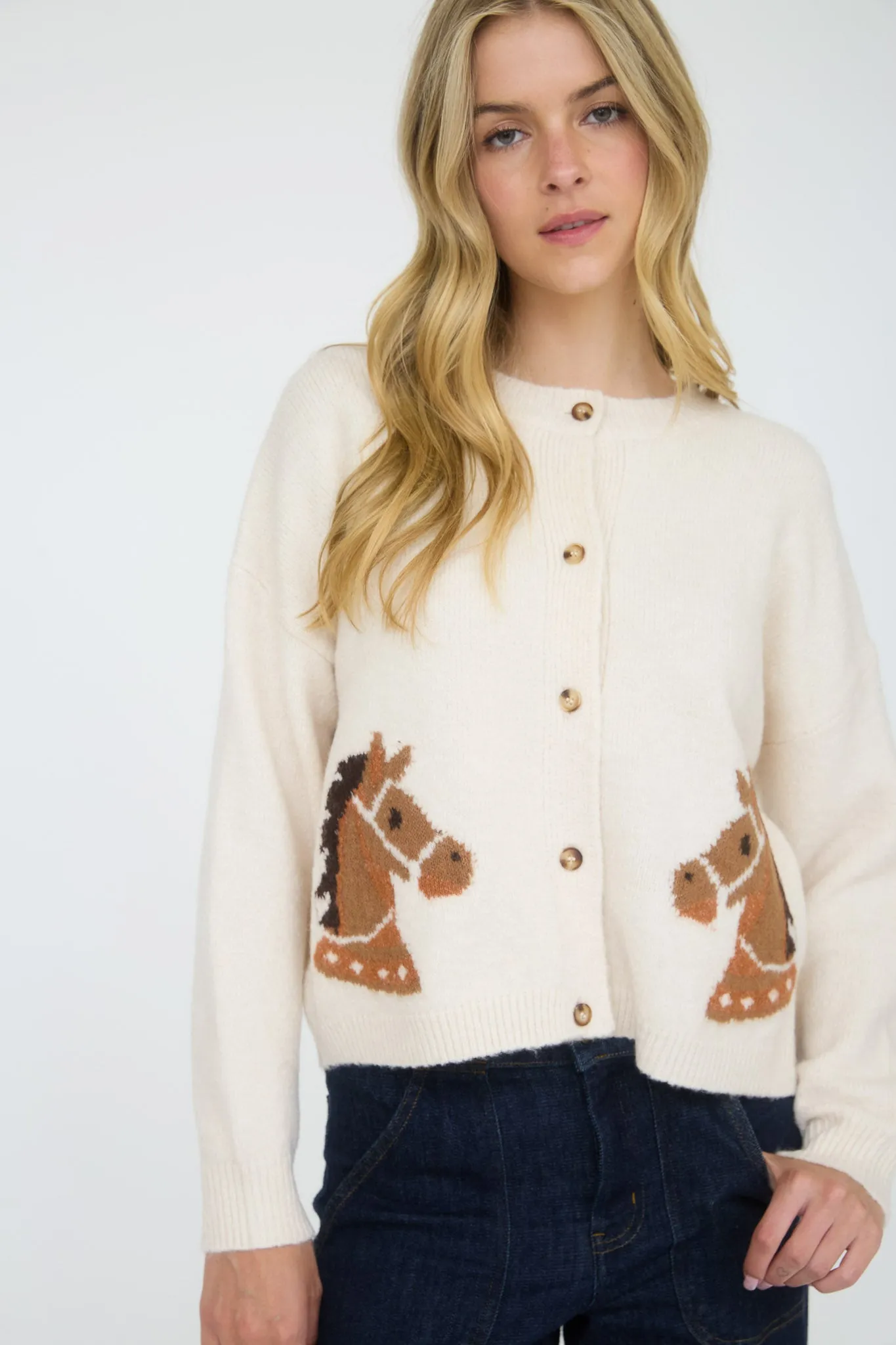 HORSE JACQUARD LONG SLEEVE BUTTON DOWN CARDIGAN sold by Blu Pepper