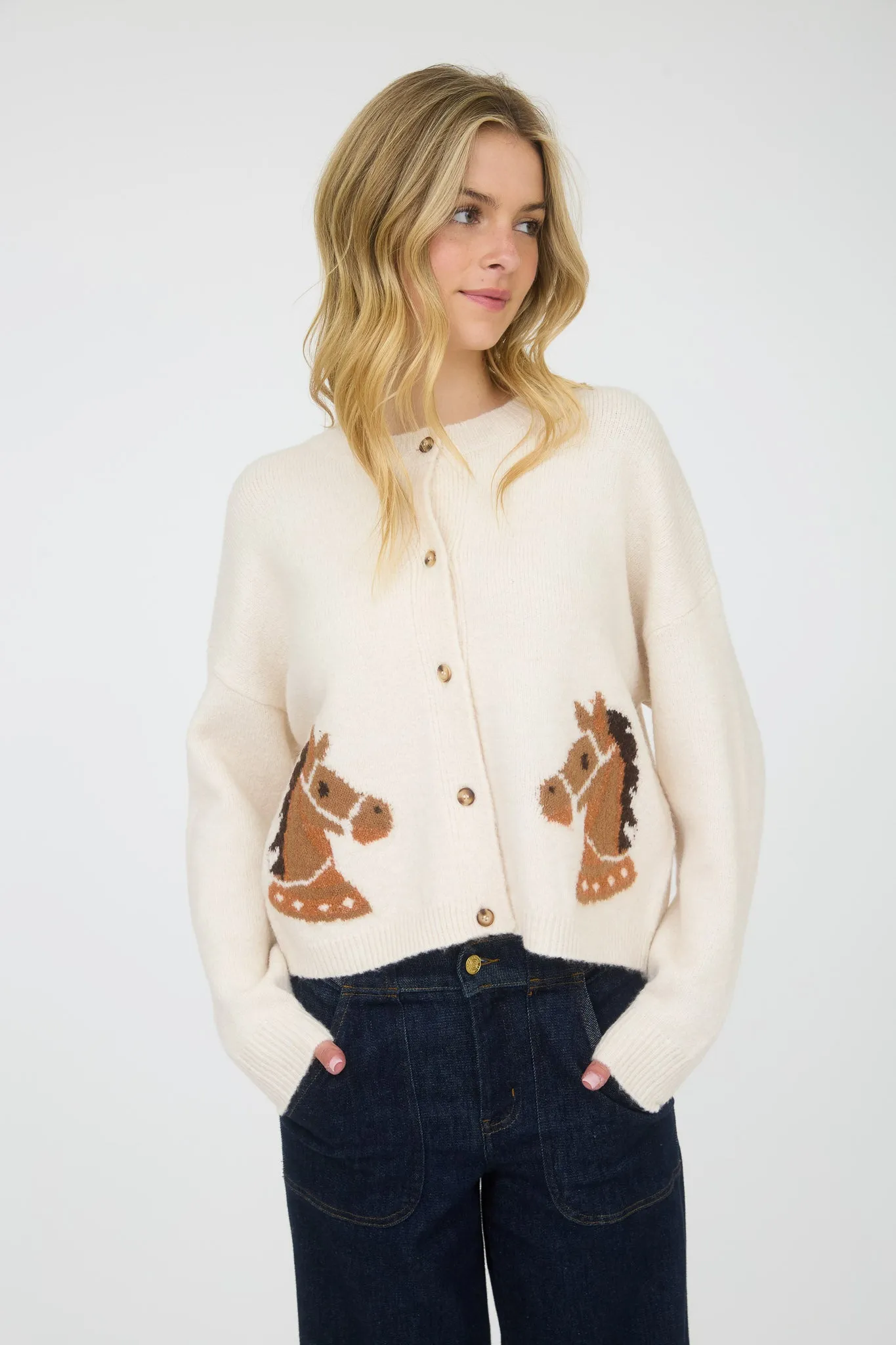HORSE JACQUARD LONG SLEEVE BUTTON DOWN CARDIGAN sold by Blu Pepper product image thumbnail 4