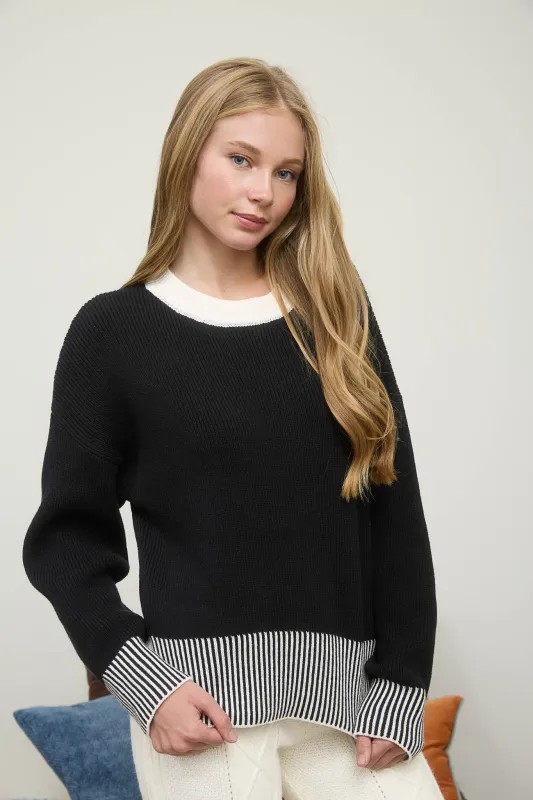 CONTRAST STRIPE HEM LONG SLEEVE KNIT SWEATER (PRE-ORDER) sold by Blu Pepper