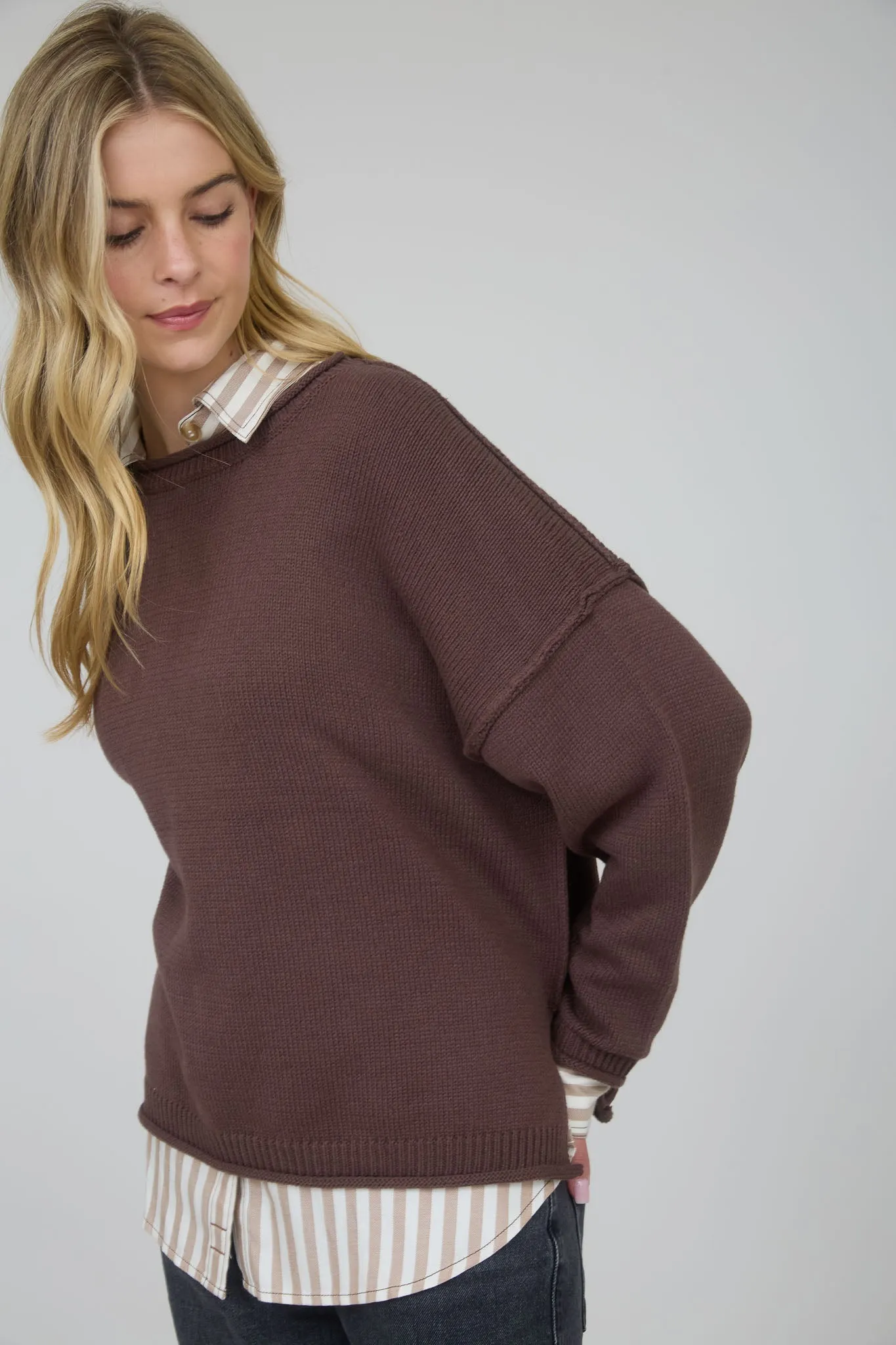 RAW EDGE EXTENDED SHOULDER LONG SLEEVE SWEATER sold by Blu Pepper