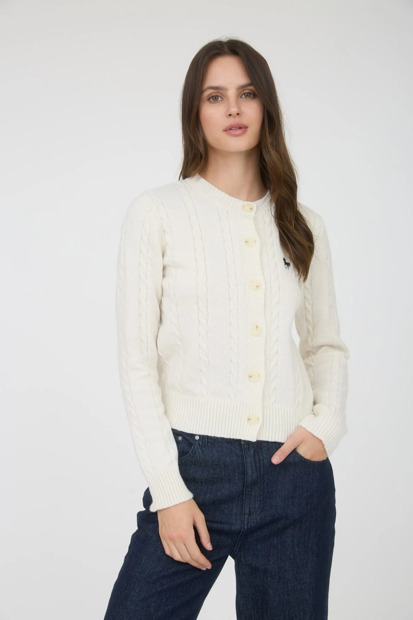 HORSE EMBROIDERY CABLE KNIT CARDIGAN sold by Blu Pepper