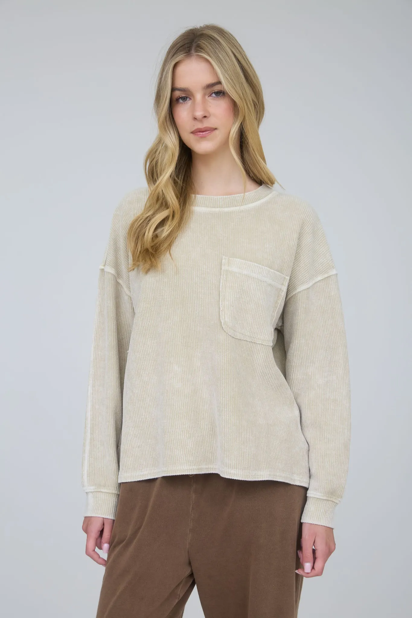 WASHED POCKET DETAIL LONG SLEEVE RIB KNIT TOP sold by Blu Pepper product image thumbnail 3
