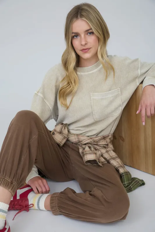 WASHED POCKET DETAIL LONG SLEEVE RIB KNIT TOP sold by Blu Pepper