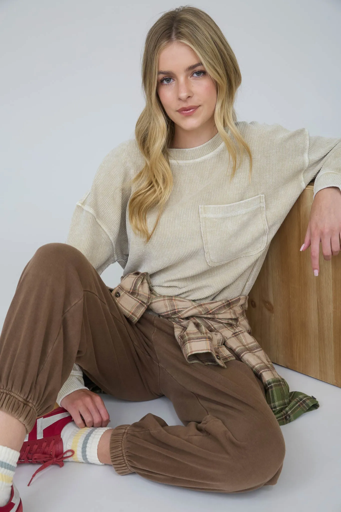 WASHED POCKET DETAIL LONG SLEEVE RIB KNIT TOP sold by Blu Pepper