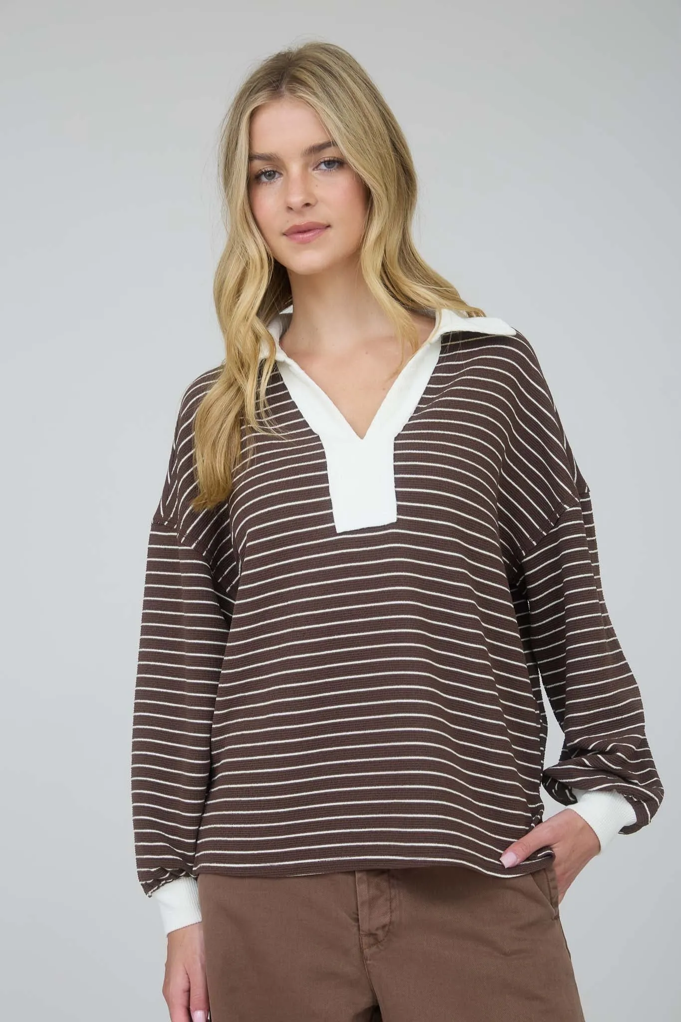 CONTRAST COLLAR STRIPE LONG SLEEVE KNIT TOP sold by Blu Pepper product image thumbnail 4
