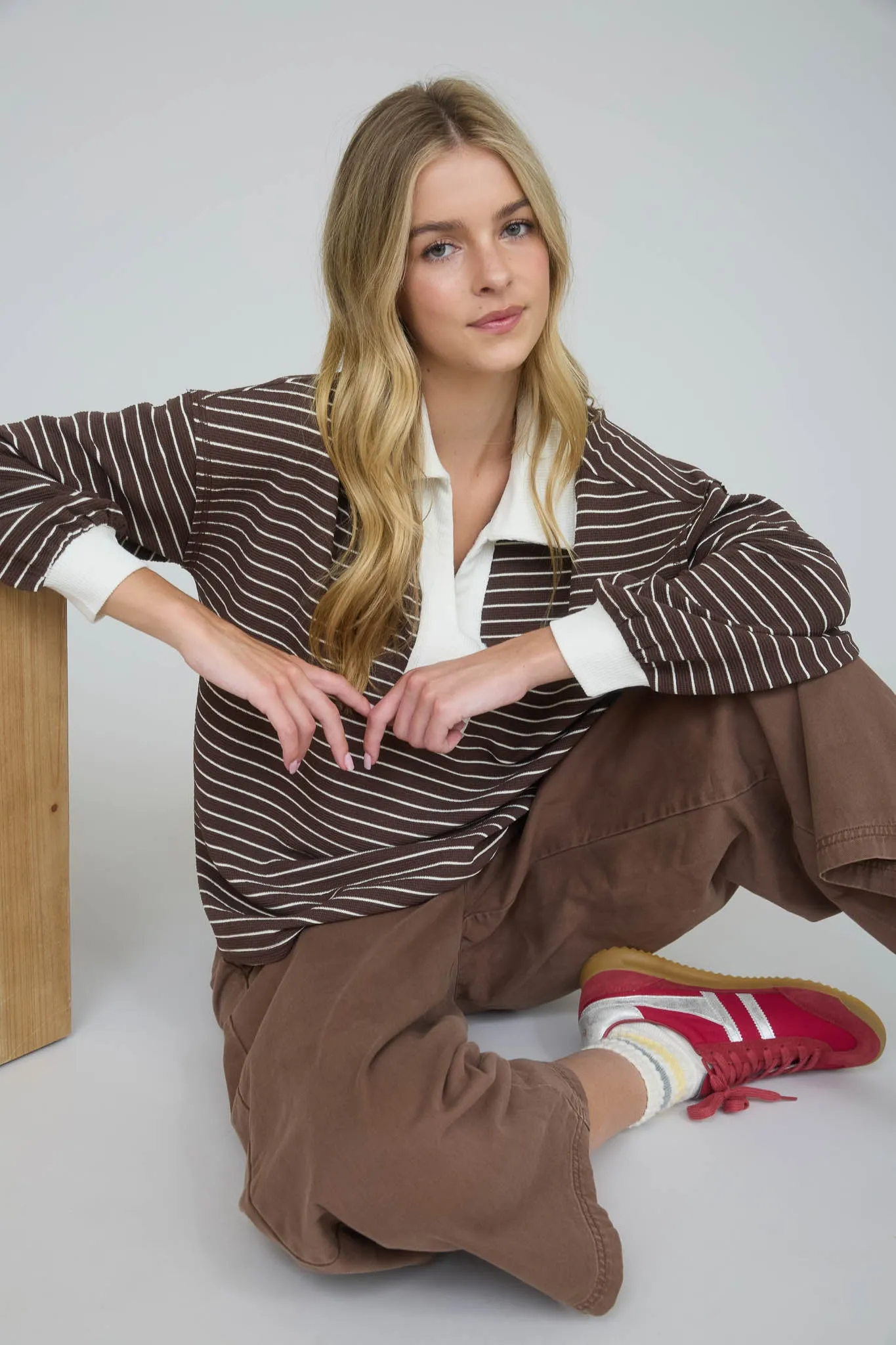 CONTRAST COLLAR STRIPE LONG SLEEVE KNIT TOP sold by Blu Pepper