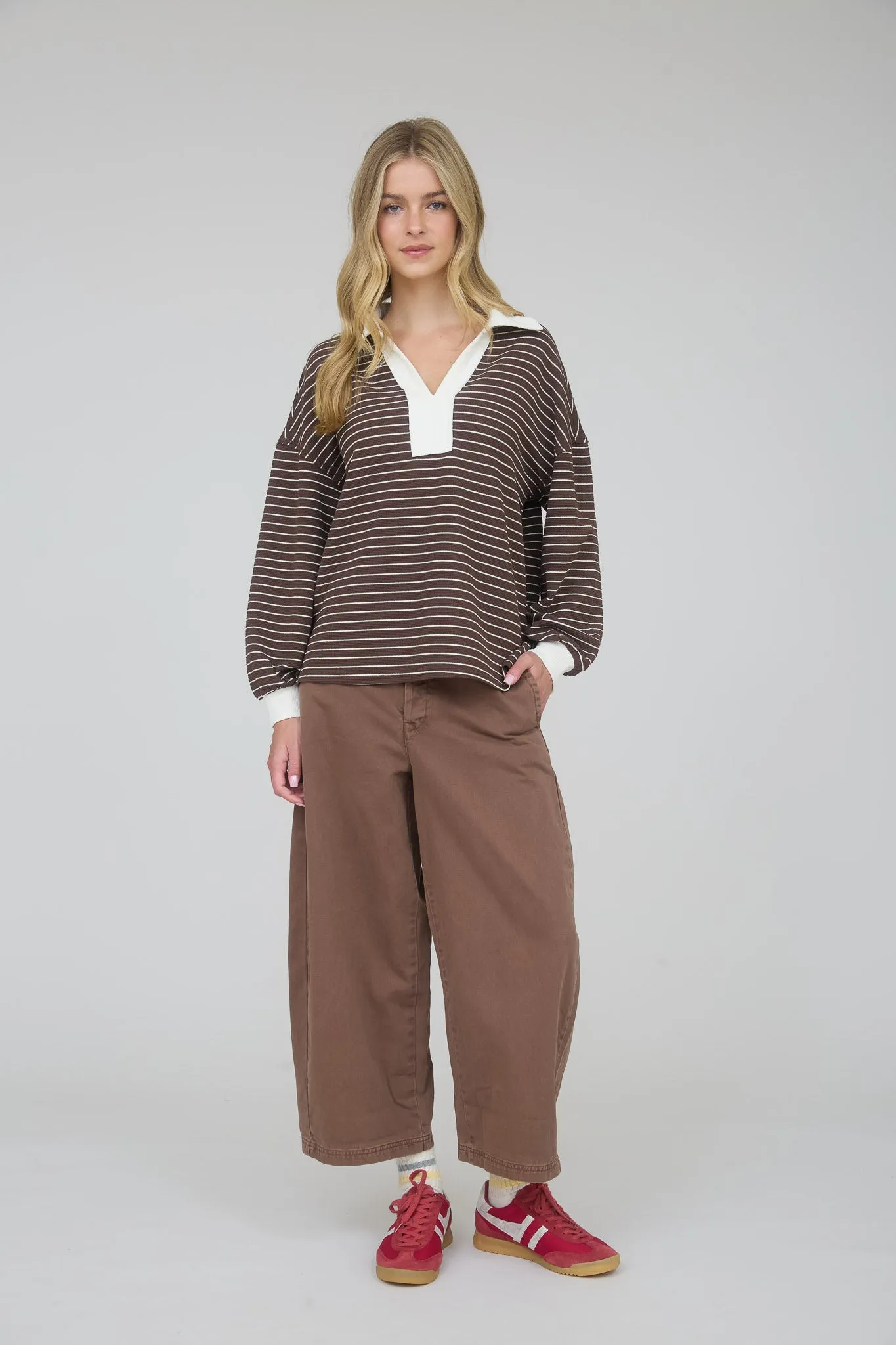 CONTRAST COLLAR STRIPE LONG SLEEVE KNIT TOP sold by Blu Pepper product image thumbnail 5