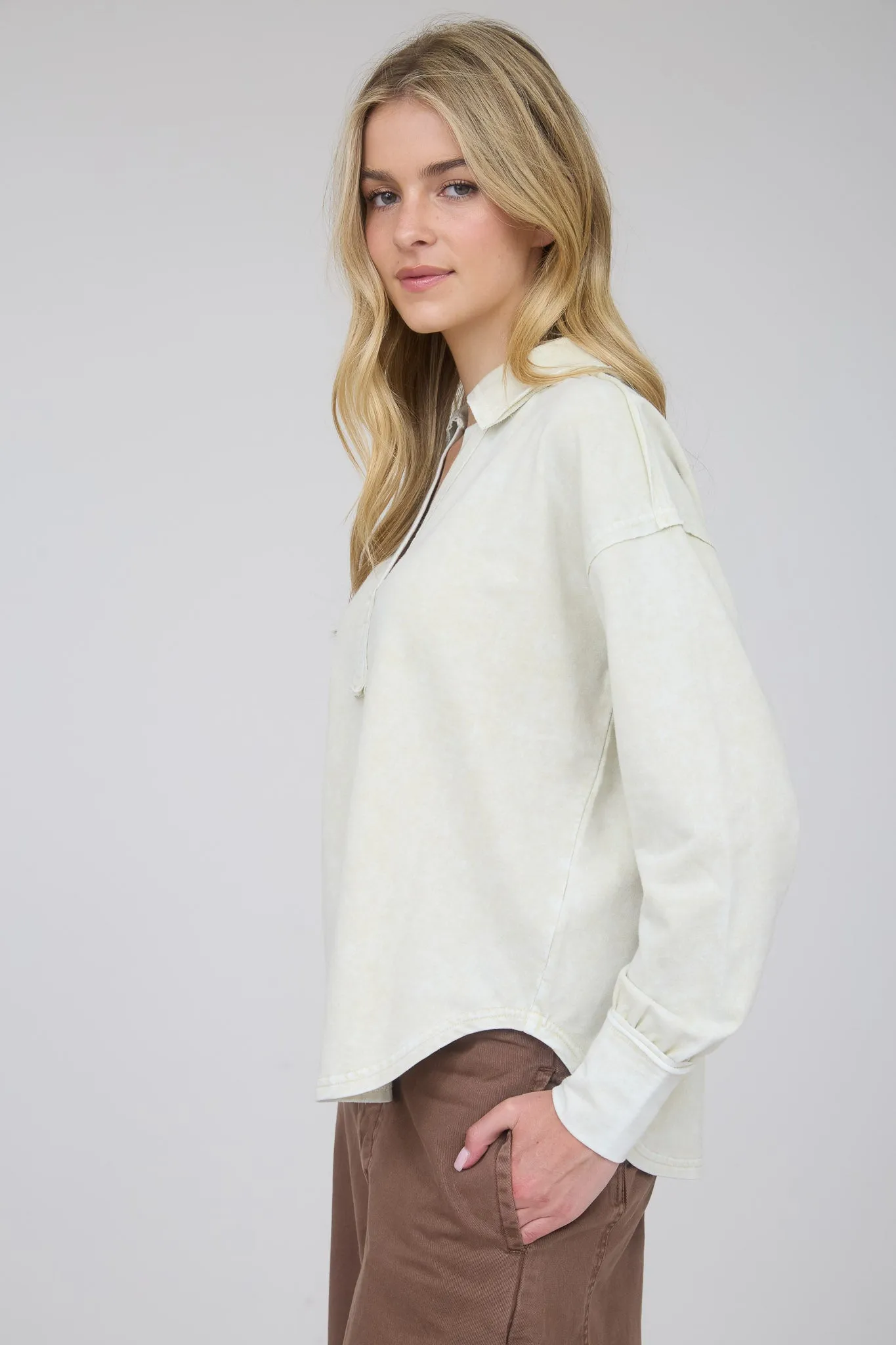 WASHED LONG SLEEVE U HEM POLO KNIT TOP sold by Blu Pepper product image thumbnail 3