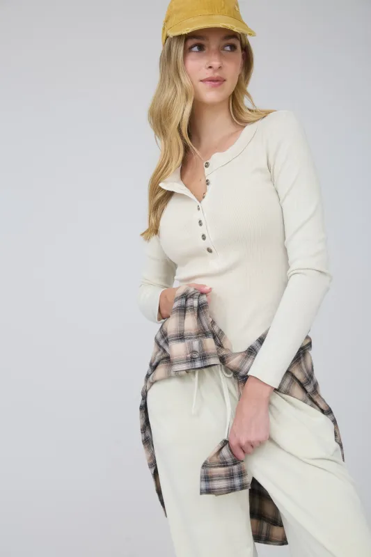 WASHED LONG SLEEVE RIBBED HENLEY KNIT TOP sold by Blu Pepper