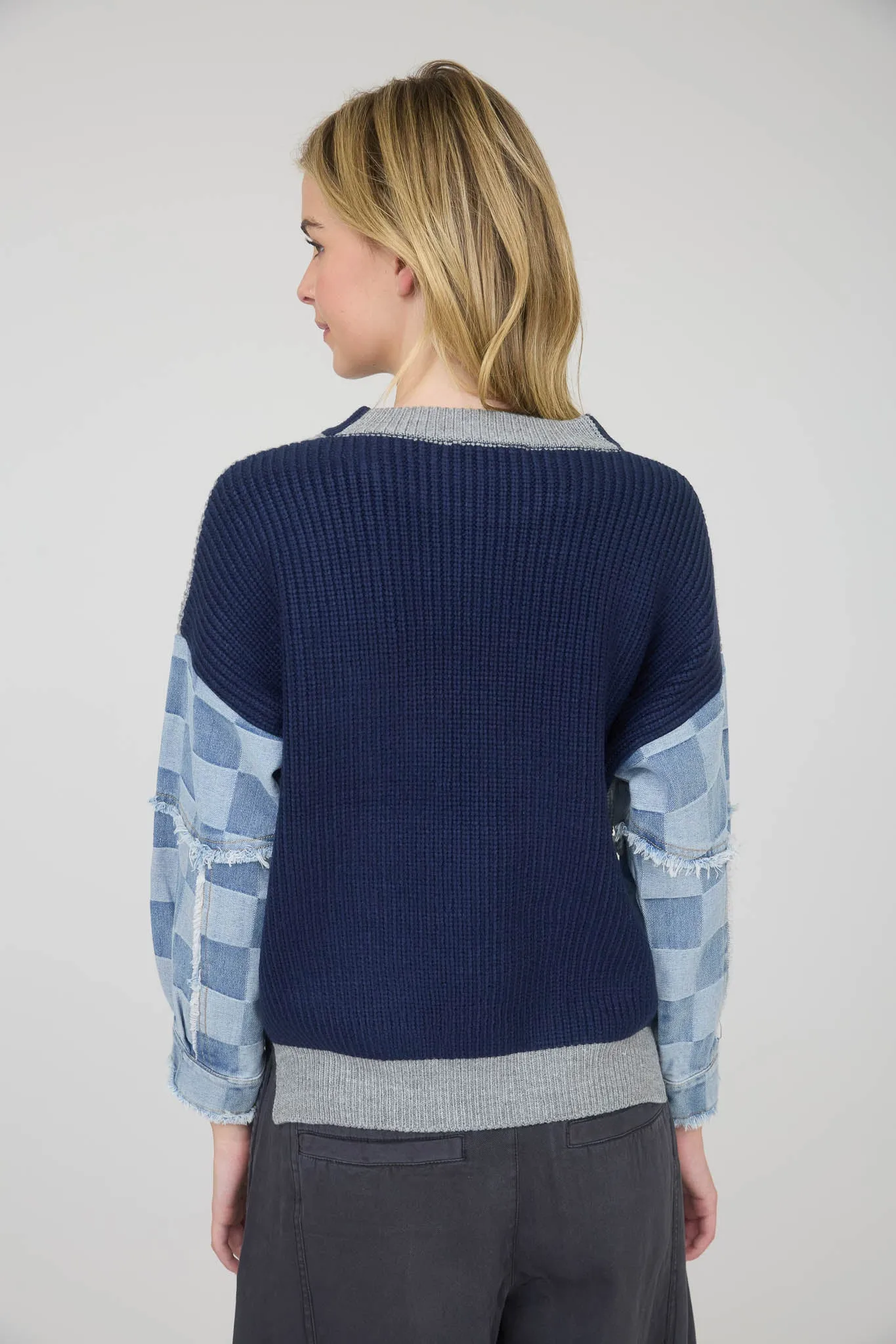 CHECKERED DENIM SLEEVE MIX MEDIA KNIT SWEATER sold by Blu Pepper product image thumbnail 3
