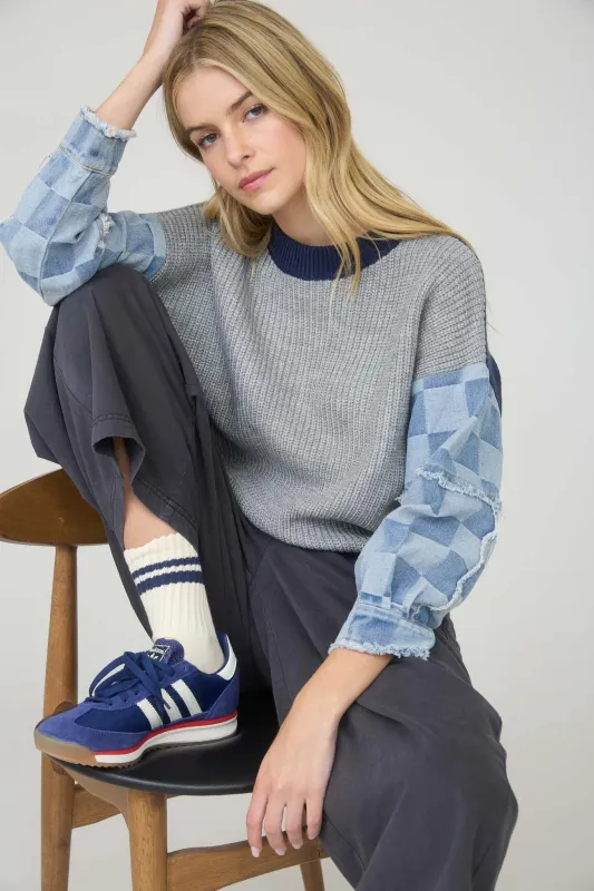 CHECKERED DENIM SLEEVE MIX MEDIA KNIT SWEATER made by J.O.A.