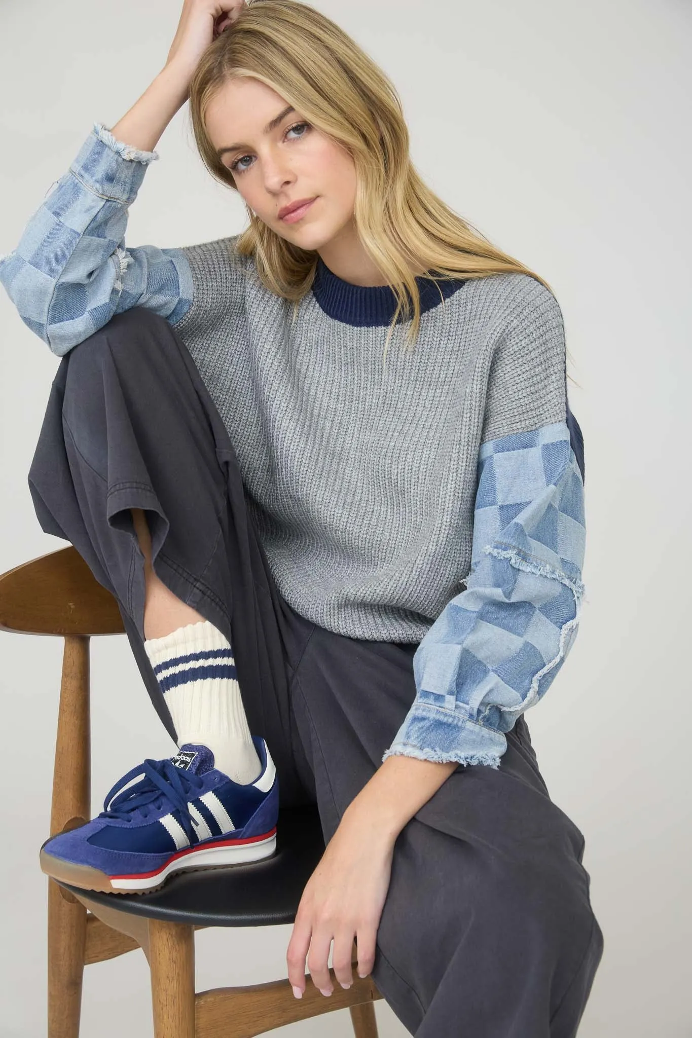 CHECKERED DENIM SLEEVE MIX MEDIA KNIT SWEATER sold by Blu Pepper