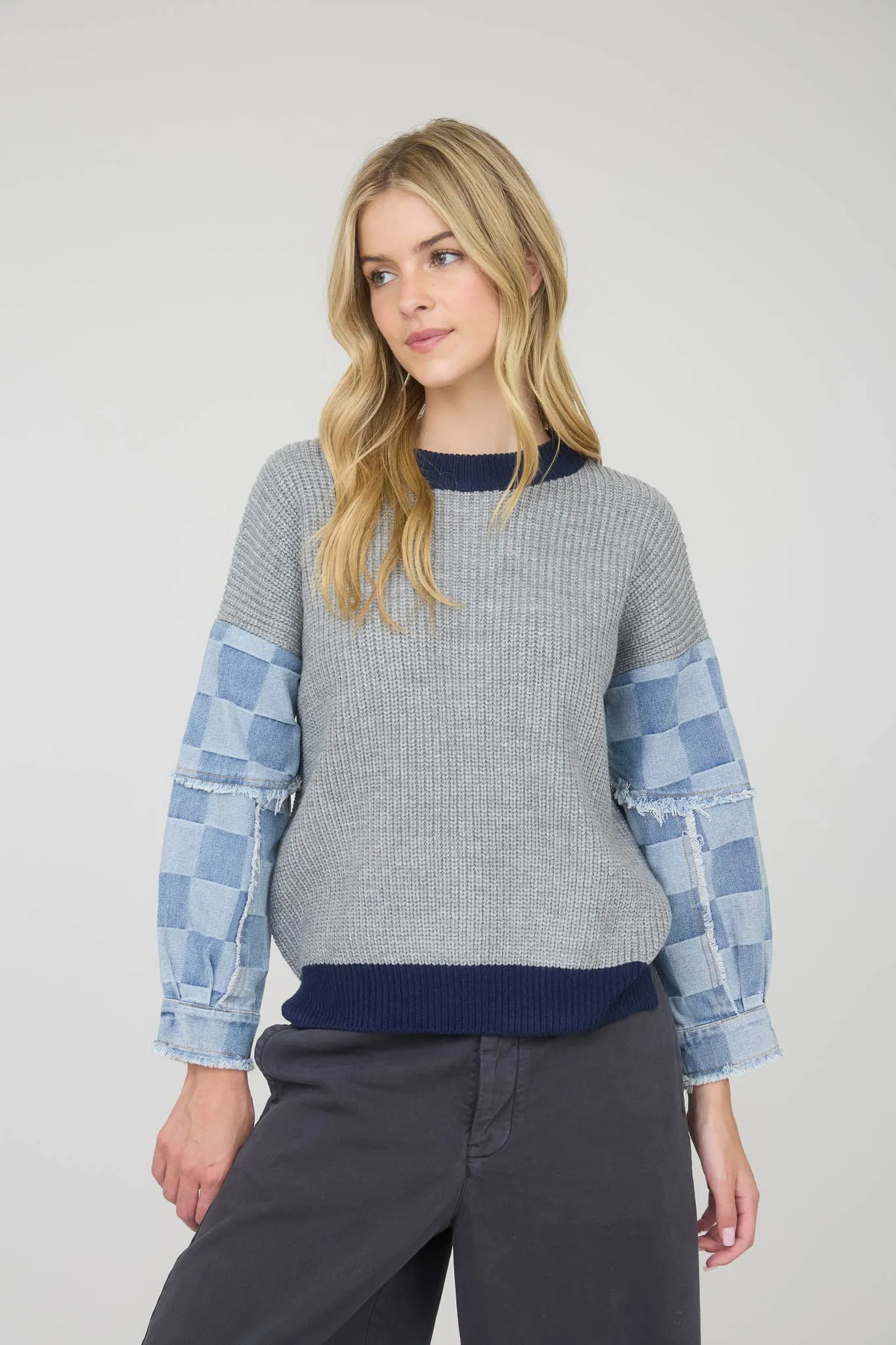 CHECKERED DENIM SLEEVE MIX MEDIA KNIT SWEATER sold by Blu Pepper product image thumbnail 2