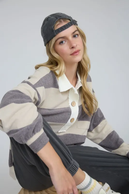 WASHED STRIPE CONTRAST COLLAR LONG SLEEVE KNIT TOP sold by Blu Pepper