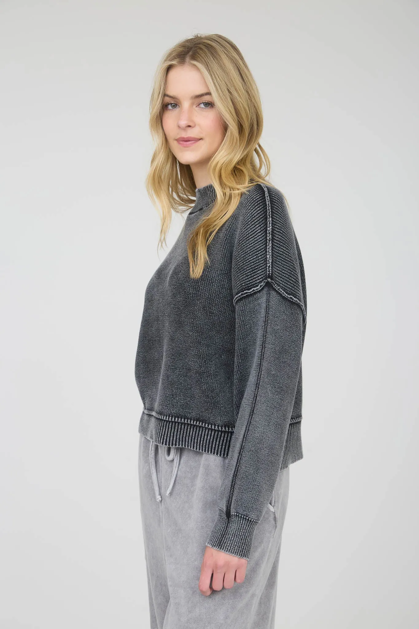 WASHED MOCK NECK LONG SLEEVE KNIT PULLOVER SWEATER sold by Blu Pepper product image thumbnail 3