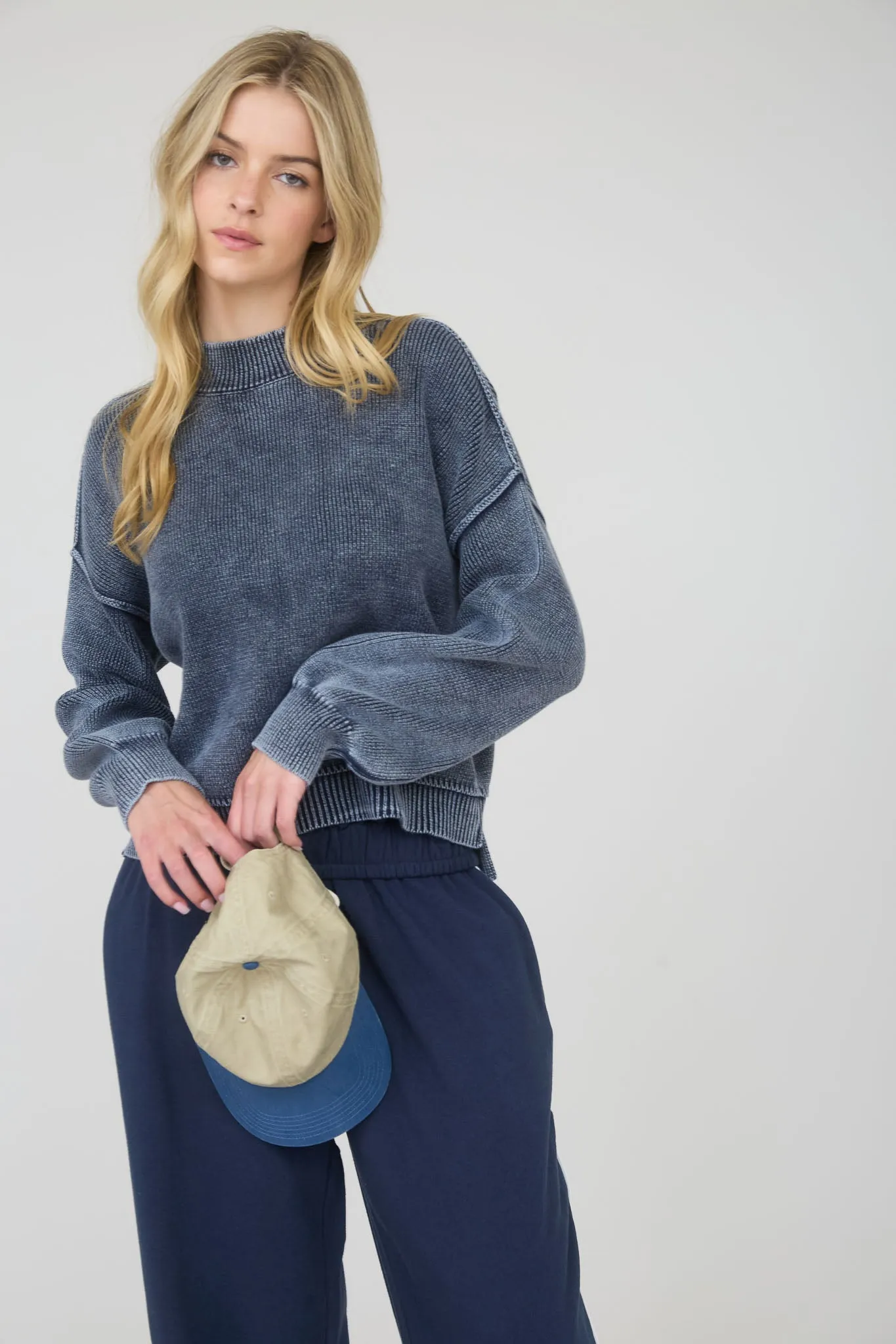 WASHED MOCK NECK LONG SLEEVE KNIT PULLOVER SWEATER sold by Blu Pepper product image thumbnail 5