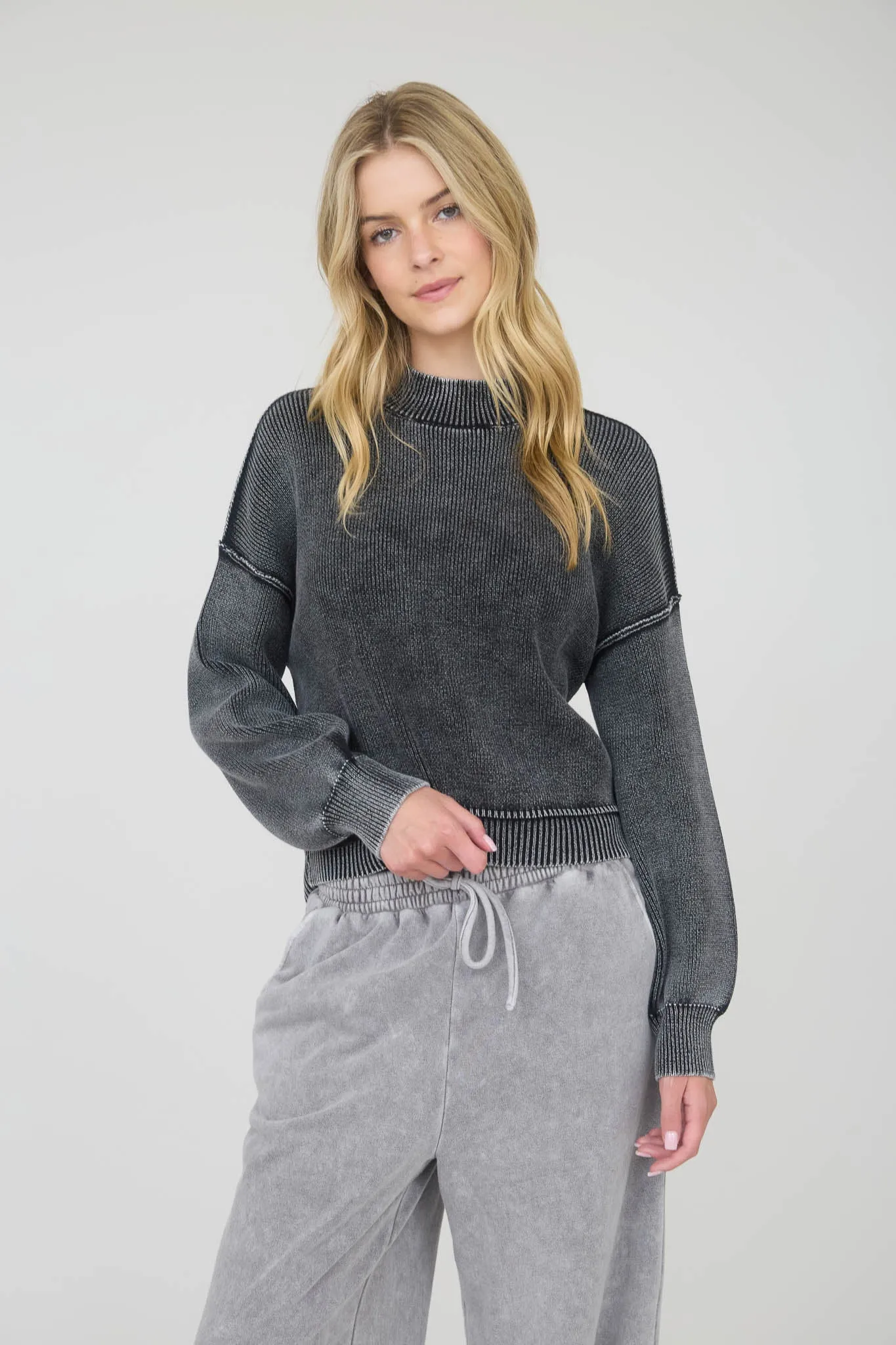 WASHED MOCK NECK LONG SLEEVE KNIT PULLOVER SWEATER sold by Blu Pepper product image thumbnail 4