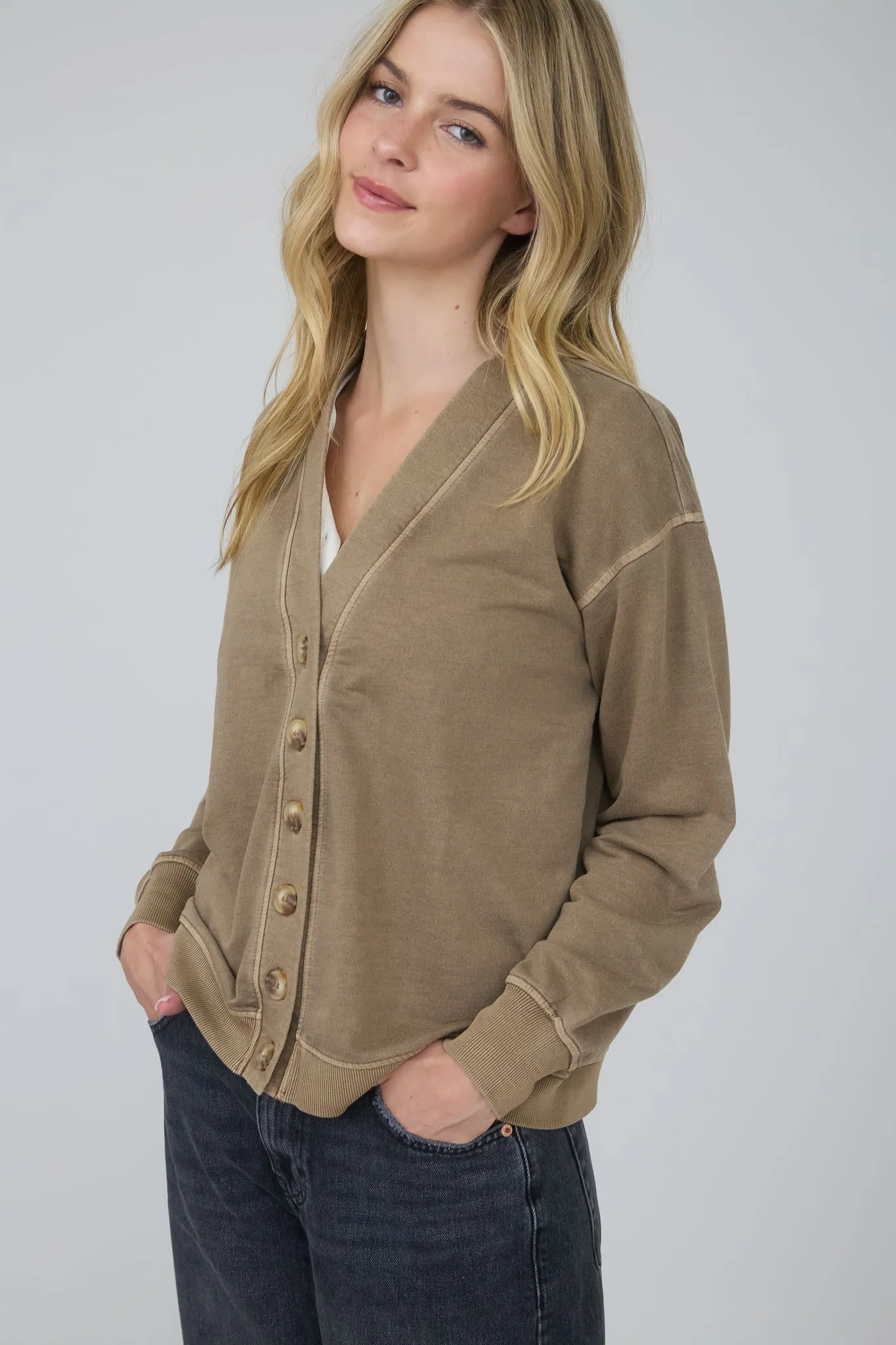 WASHED DETAIL BUTTON DOWN LONG SLEEVE CARDIGAN sold by Blu Pepper